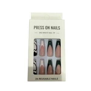 Long Coffin Black & White French Tip Heart Press On Nails​